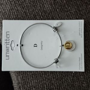 Unwritten Pave and Initial Disc Bangle Bracelet in Stainless Steel "D"